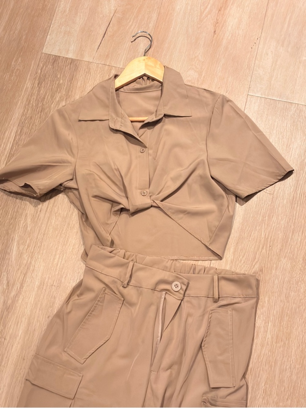 Women’s Tan Two-Piece Utility Crop Top & High-Waist Pants Set